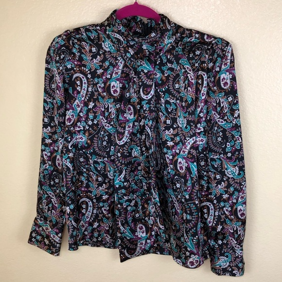 Ann Taylor Petite Paisley Mock Tie Neck Puff Sleeve Top size XSP - Picture 3 of 9